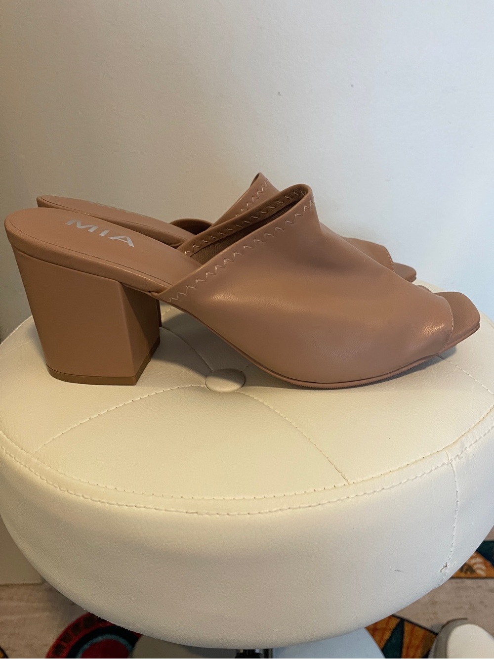 MIA Women's Taupe Open-Toe Block Heel Mules